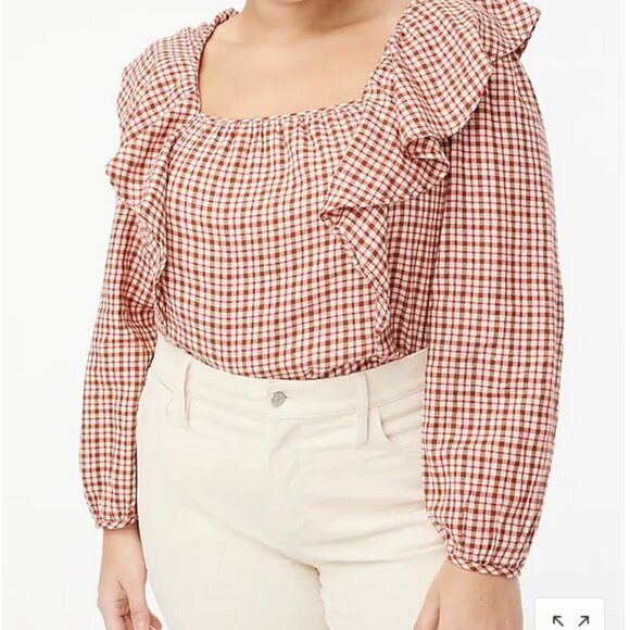 J. Crew Gingham Plaid Squareneck Ruffle Top, Red and Cream, XL - Picture 6 of 8